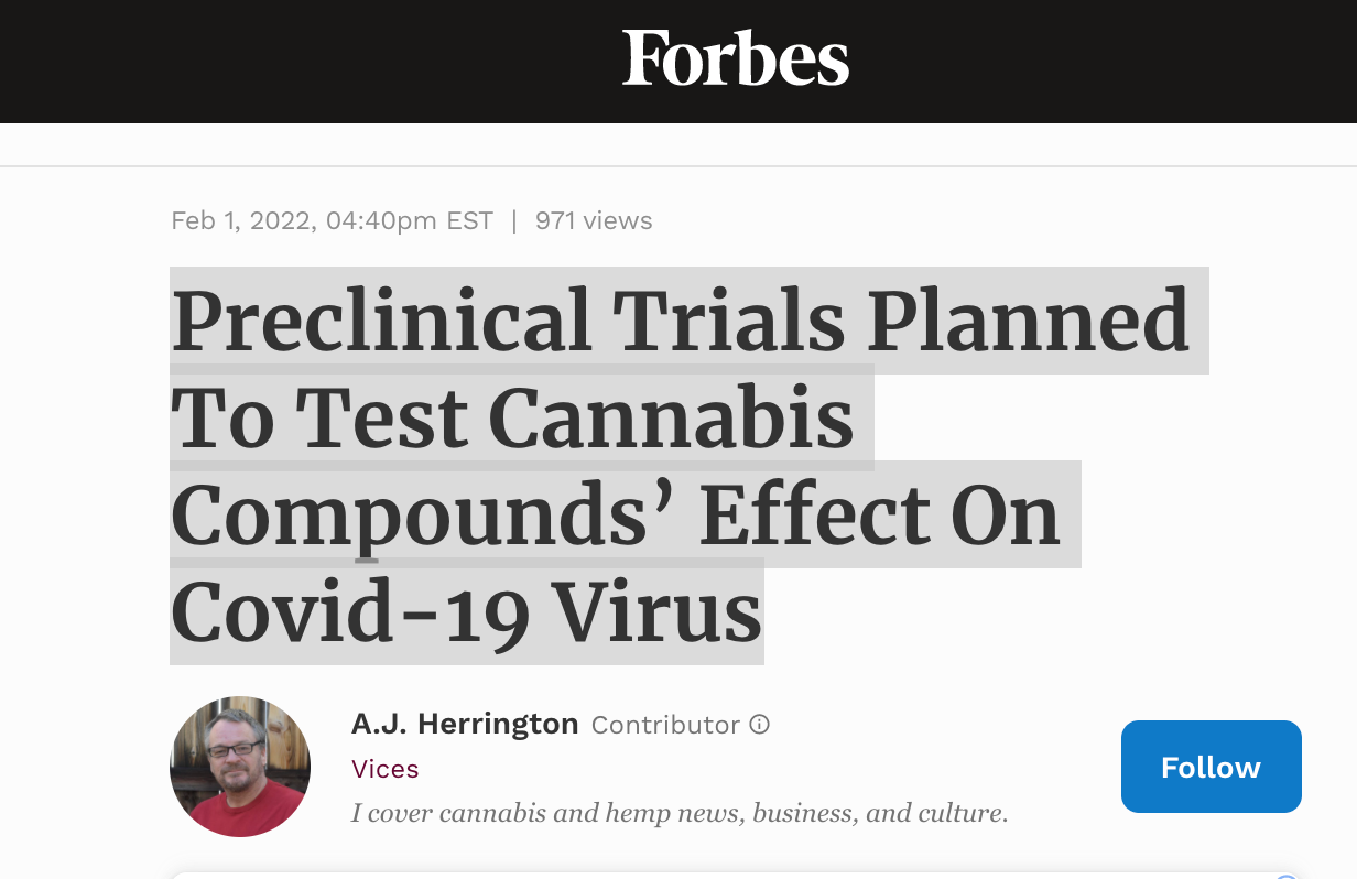 Forbes Magazine: Preclinical Trials Planned To Test Cannabis Compounds’ Effect On Covid-19 Virus