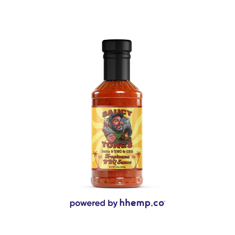 Saucy Tongs D9 and CBD Infused Tropicana BBQ Sauce Bottle Front View  