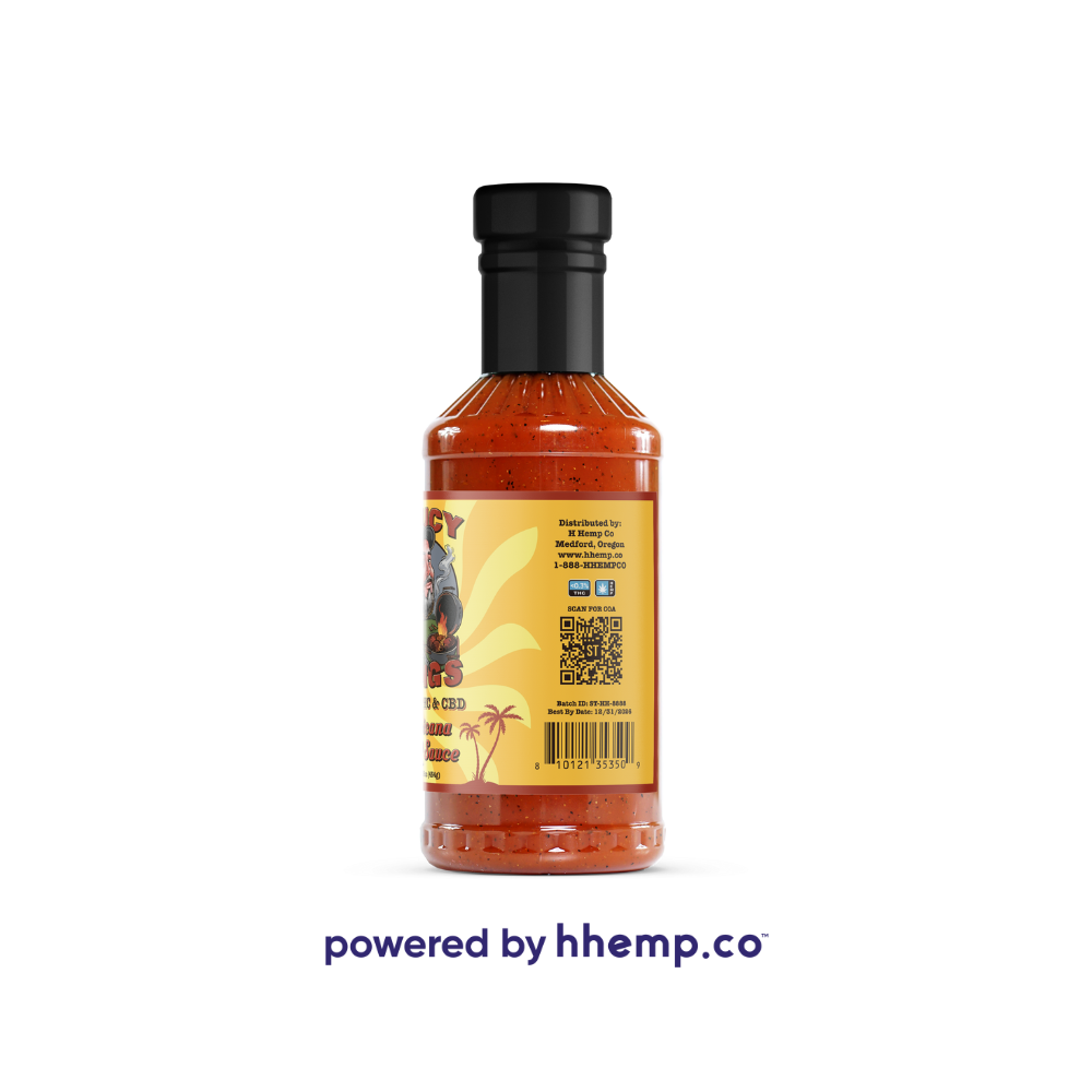 Saucy Tongs D9 and CBD Infused Tropicana BBQ Sauce Bottle Side View 