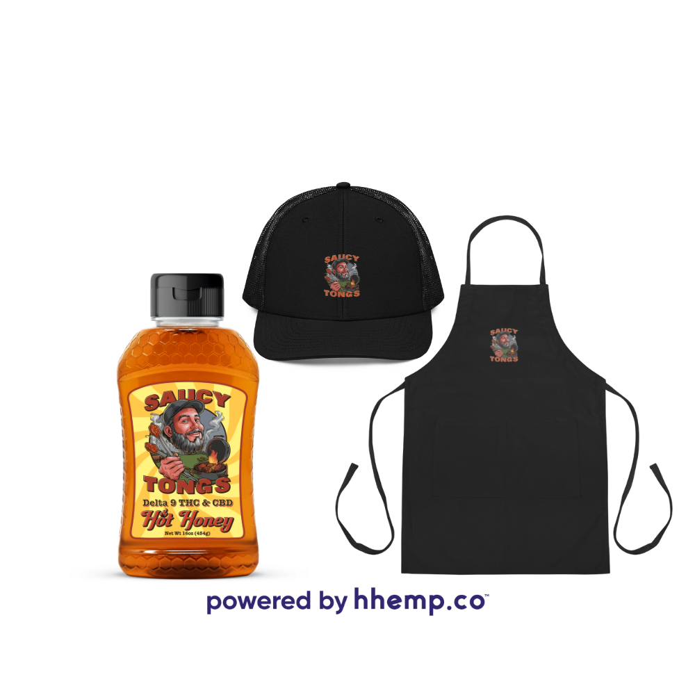 Saucy Tongs Bundle including, Saucy Tongs Infused Hot Honey, Black Trucker Cap with Saucy Tongs Logo, and Black Apron with the Saucy Tongs Logo Printed on the Front