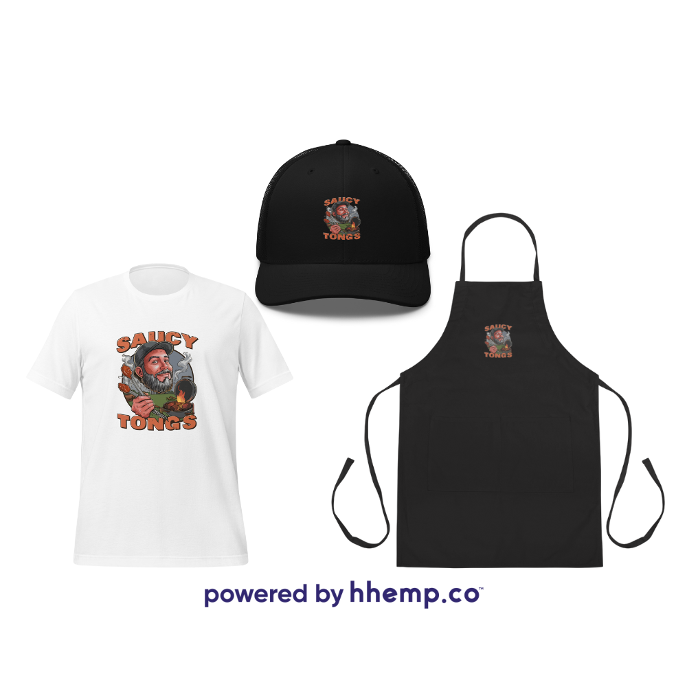 Saucy Tongs Swag Bundle Including A White Saucy Tongs Logo Tee-Shirt, Black Saucy Tongs Trucker Crap, and Black Saucy Tongs Apron