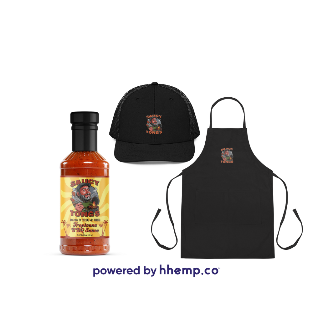 Saucy Tongs Bundle including, Saucy Tongs Infused Tropicana BBQ Sauce, Black Trucker Cap with Saucy Tongs Logo, and Black Apron with the Saucy Tongs Logo Printed on the Front