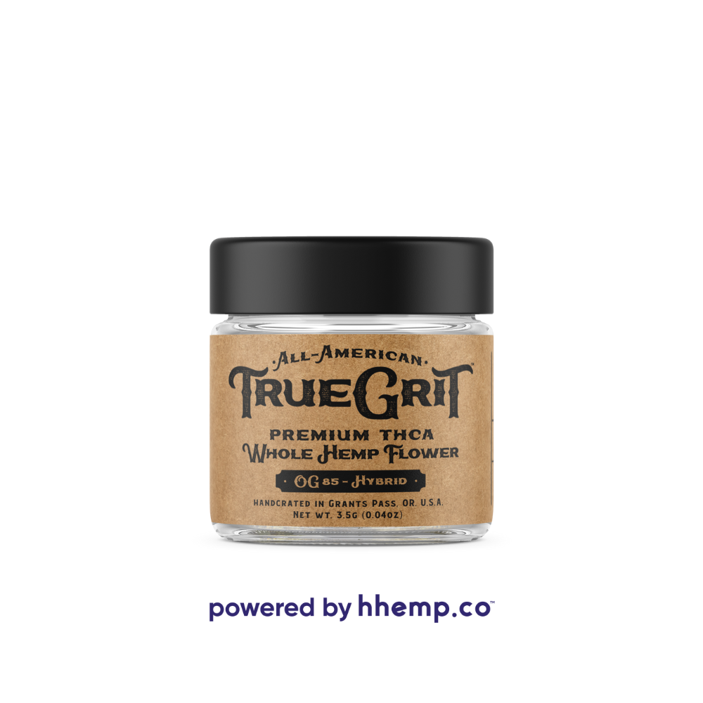 True Grit Premium 3.5g THCA Flower Jar OG 85 Front View