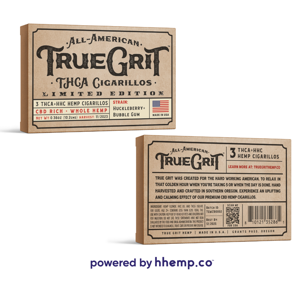 True Grit 3ct HHC & THCA Cigarellos Huckleberry + Bubble Gum Front & Back View