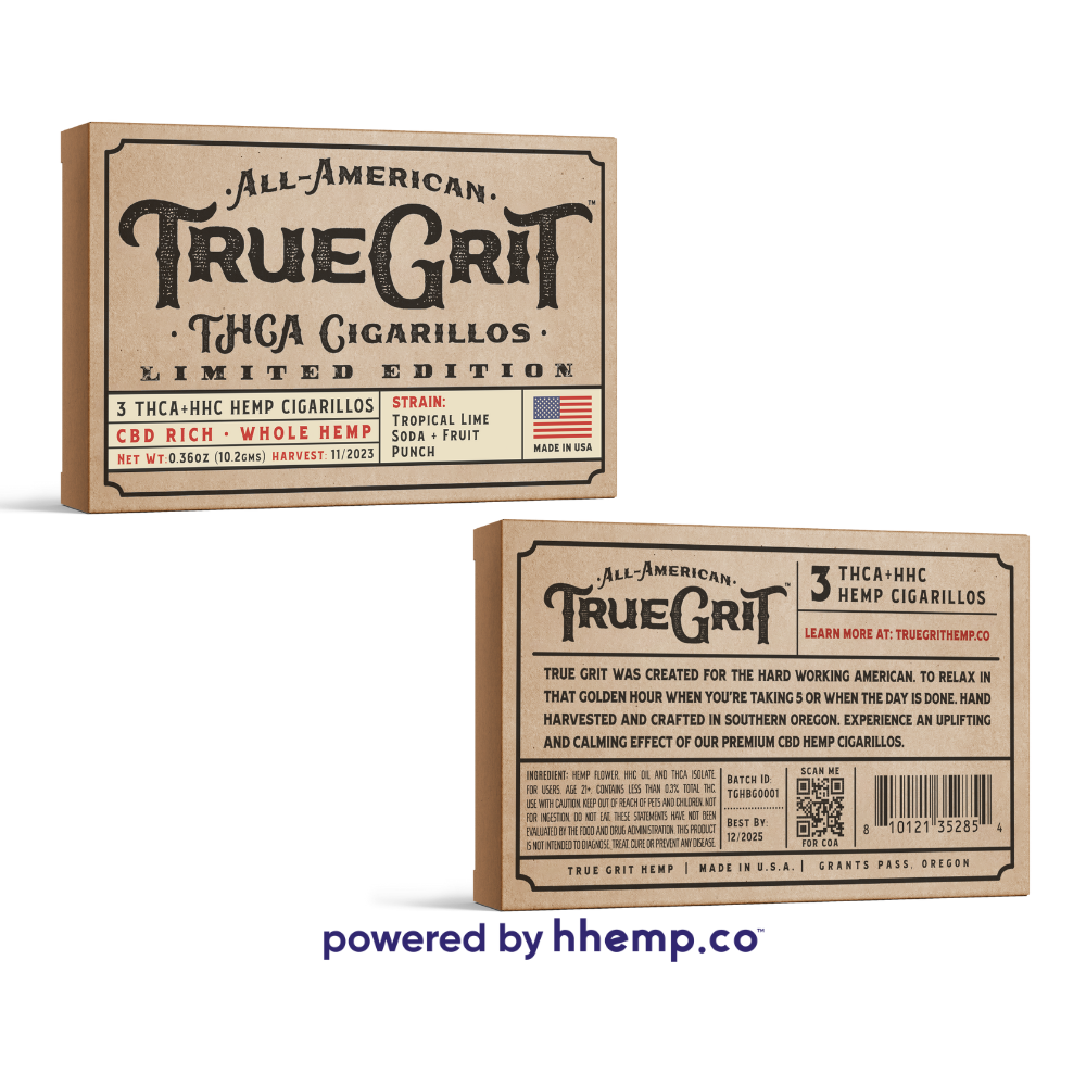 True Grit 3ct HHC & THCA Cigarellos Tropical Lime Soda + Fruit Punch Front & Back View