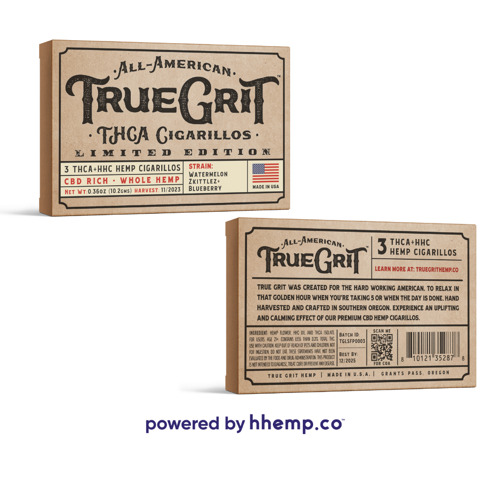 True Grit 3ct HHC & THCA Cigarellos Watermelon Zkittlez + Blueberry Front & Back View