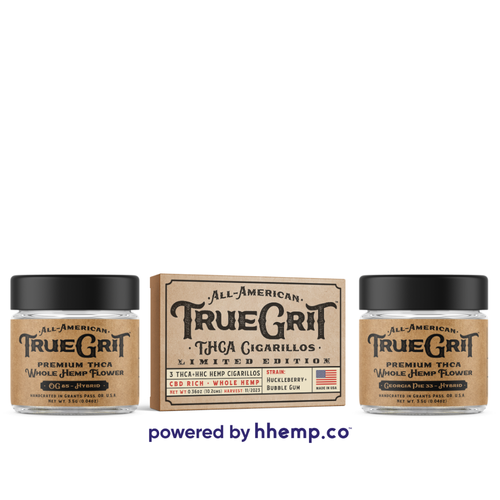 True Grit All Day Bundle. Two Jars of THCA Flower, Og 85 and Georgia Pie 33. A 3ct box of THCA Cigarillos in the strain Huckleberry + Bubble Gum