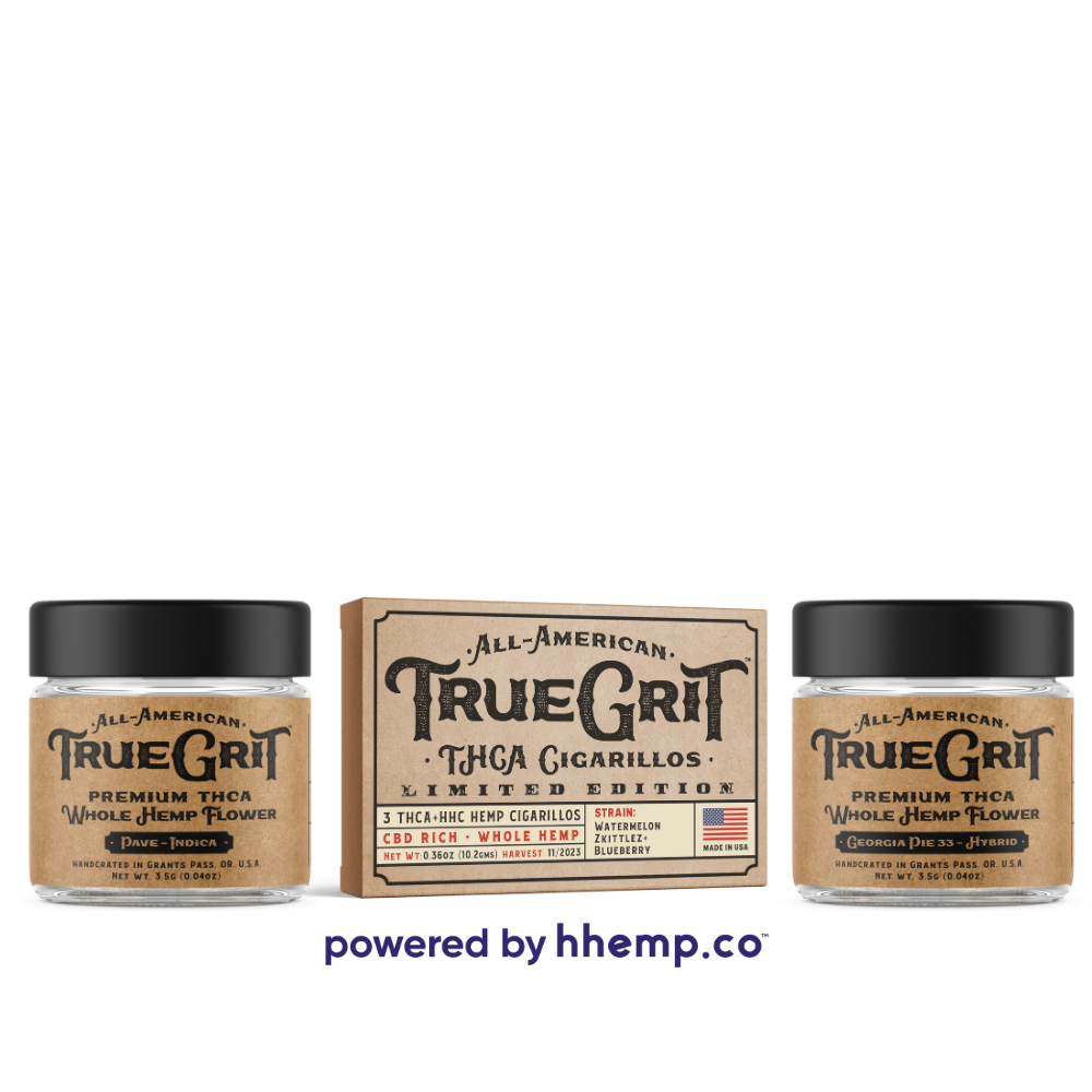 True Grit Night Time Bundle. Two Jars of THCA Flower, Pave and Georgia Pie 33. A 3ct box of THCA Cigarillos in the strain Watermelon Zkittlez + Blueberry. 