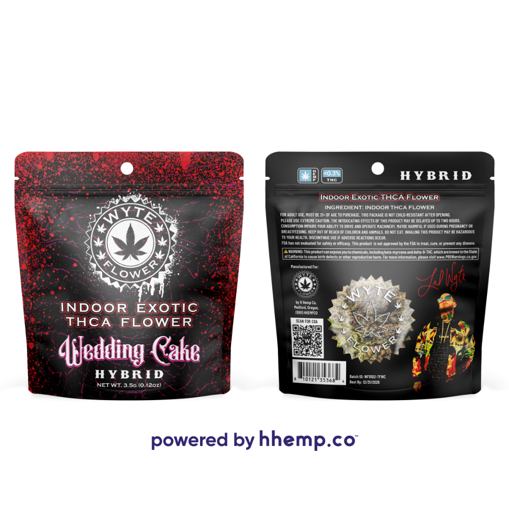 Wyte Flower 3.5g Pouch Indoor Exotic THCA Flower Wedding Cake Front & Back View 