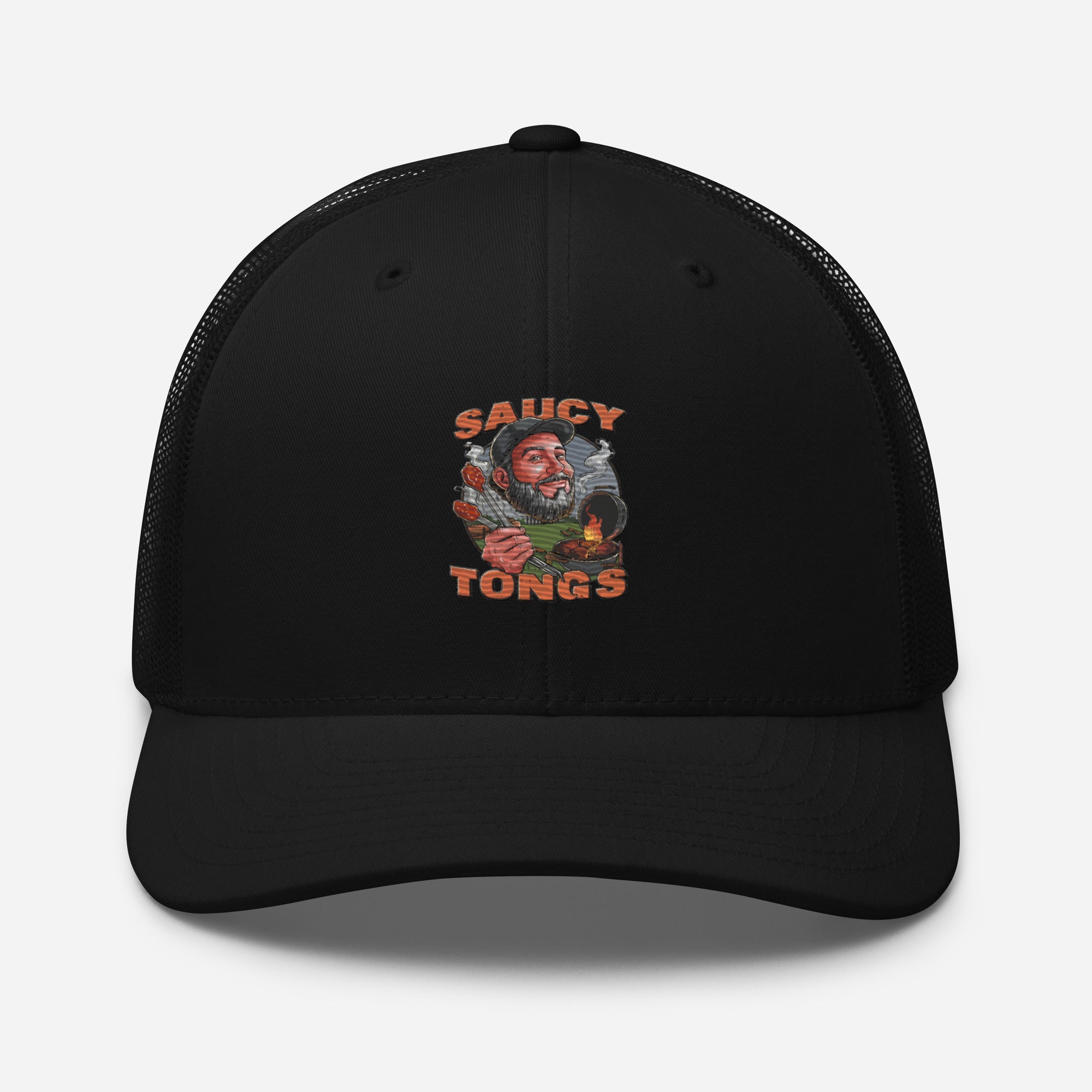 Trucker_Hat_Black_Saucy_tongs_Logo_on_Front