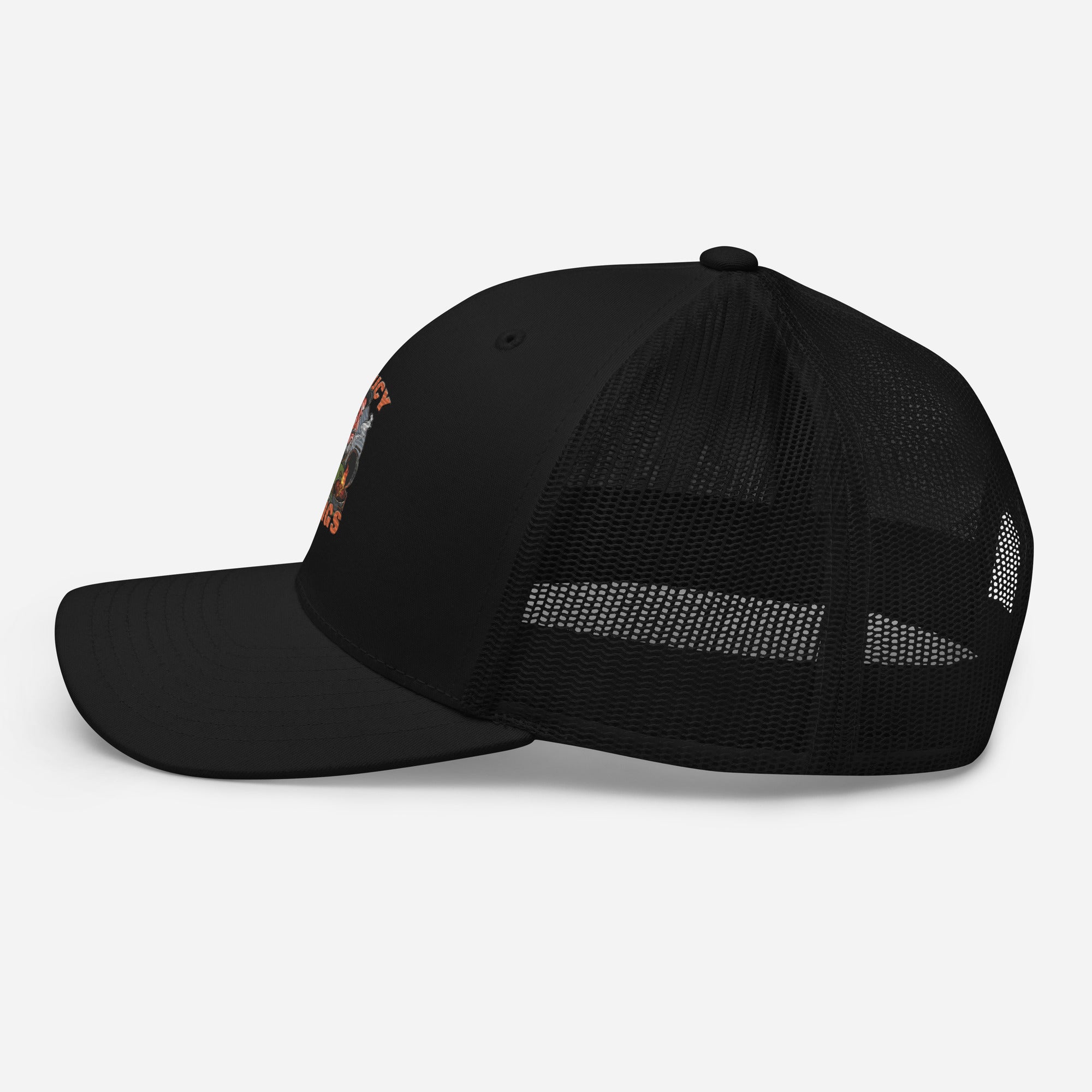 Trucker_Hat_Black_Saucy_tongs_Logo_on_Front_Side_View