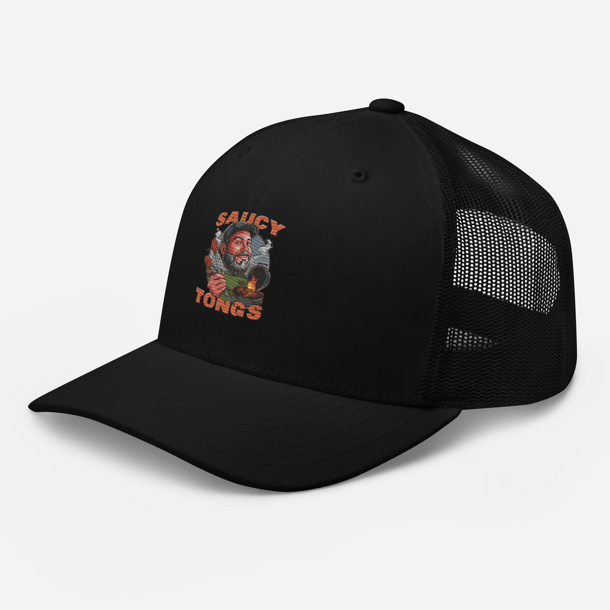 Trucker_Hat_Black_Saucy_tongs_Logo_on_Front