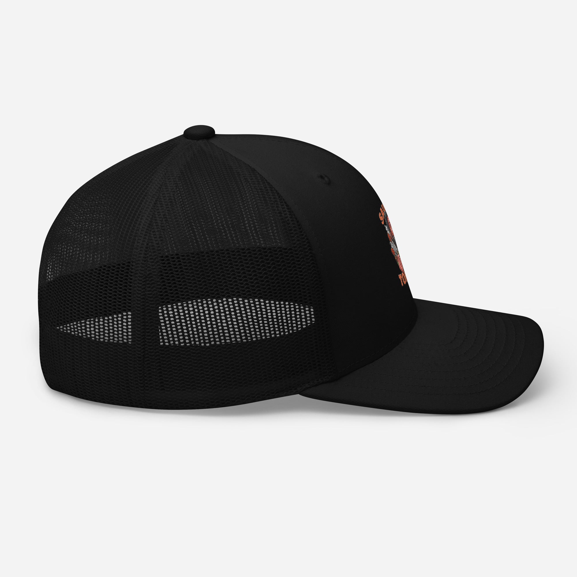 Trucker_Hat_Black_Saucy_tongs_Logo_on_Front_Side_View