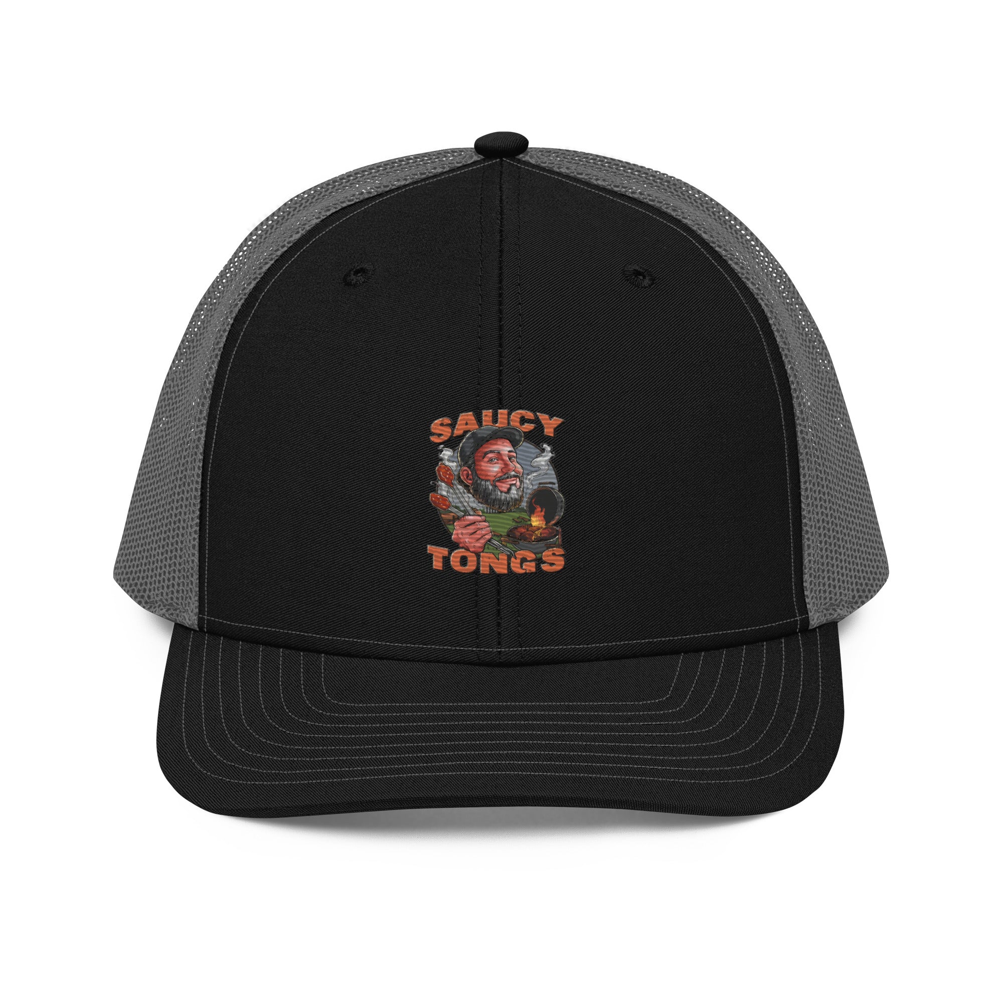 Saucy_Tongs_Trucker_Hat_Black_Front_With_Logo_Grey_Back_Front_View