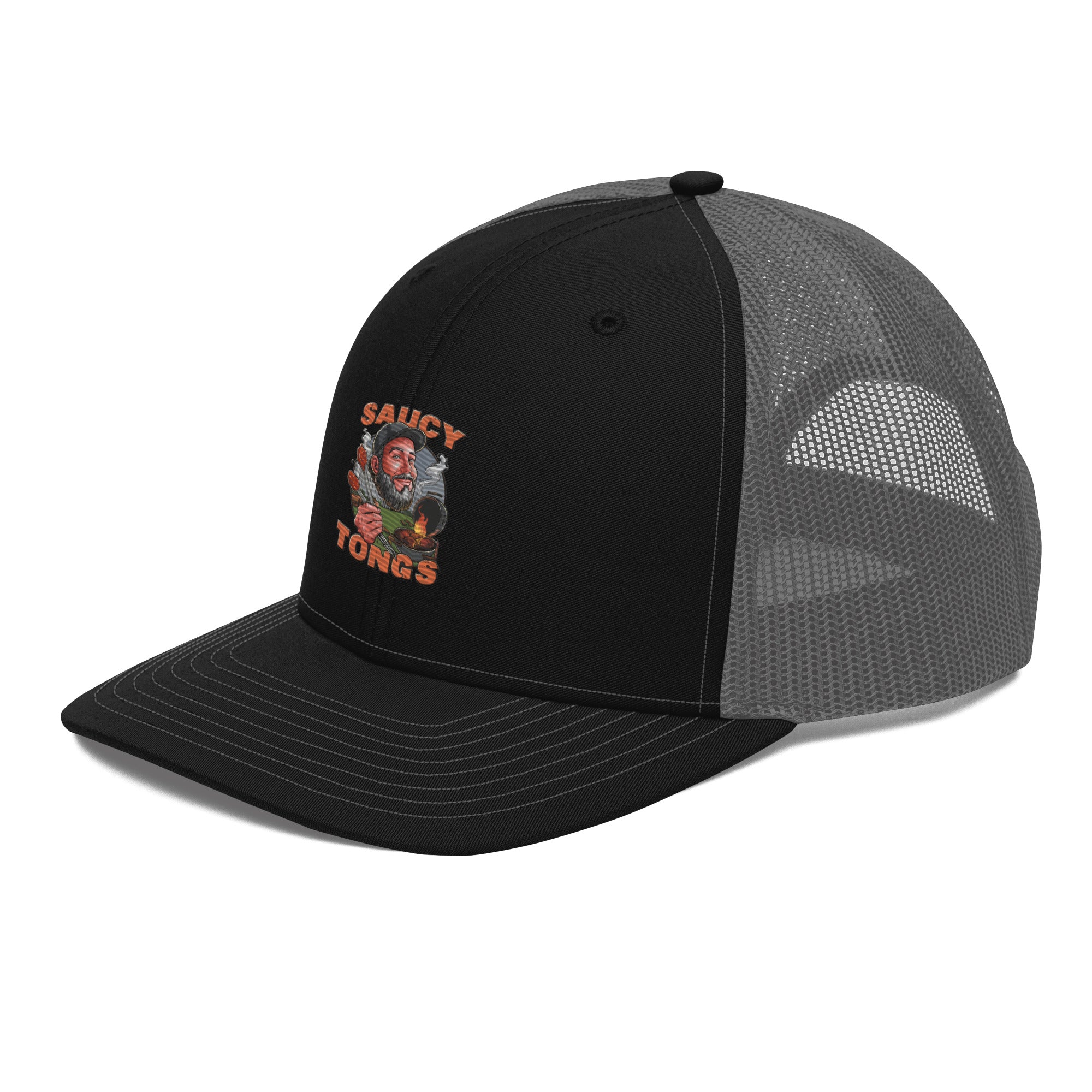 Saucy_Tongs_Trucker_Hat_Black_Front_With_Logo_Grey_Back_Side_View