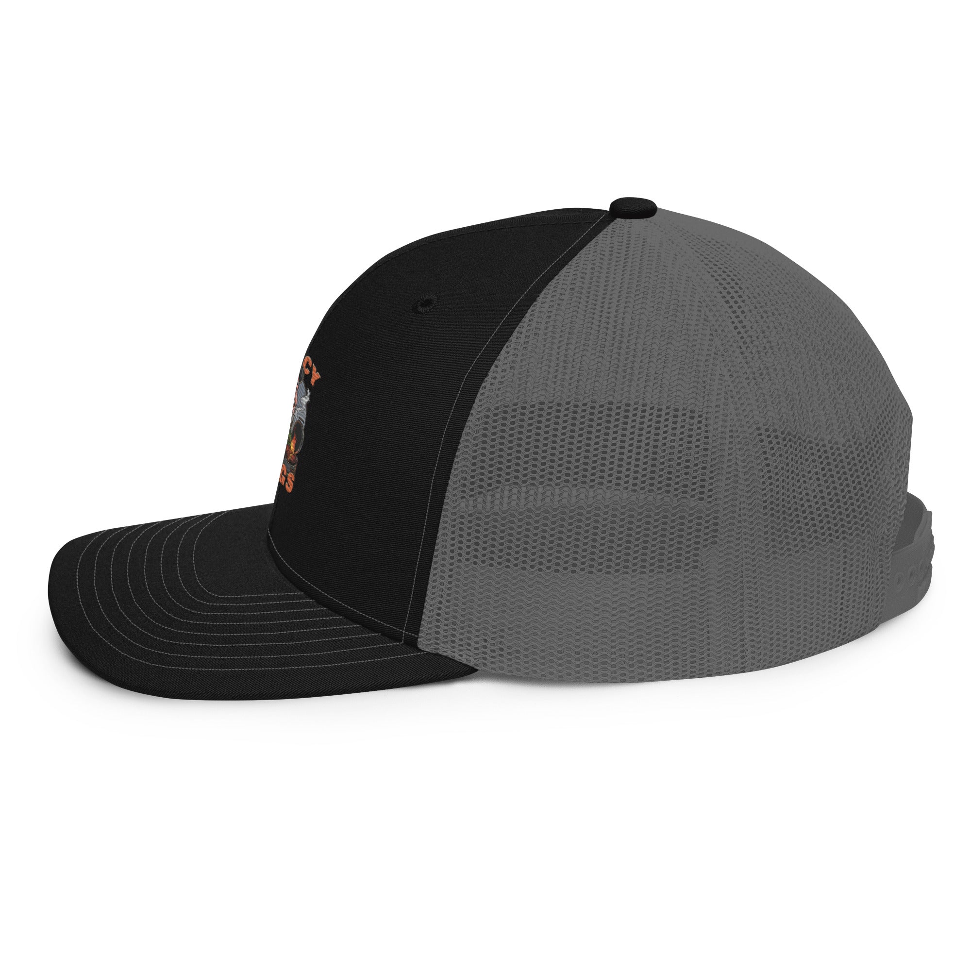 Saucy_Tongs_Trucker_Hat_Black_Front_With_Logo_Grey_Back_Side_View