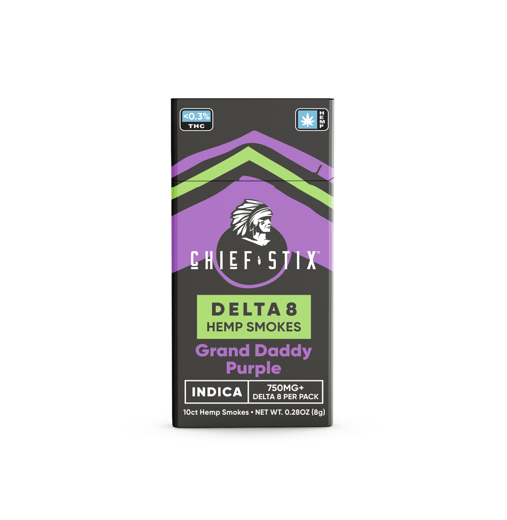 Chief Stix Delta 8 Hemp Smokes - Indica Grand Daddy Purple (10ct - 750mg Per Pack)