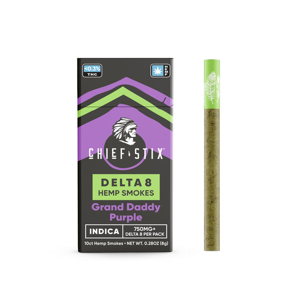CHIEF STIX DELTA8 HEMP SMOKES - INDICA GRAND DADDY PURPLE (10CT - 750MG PER PACK)