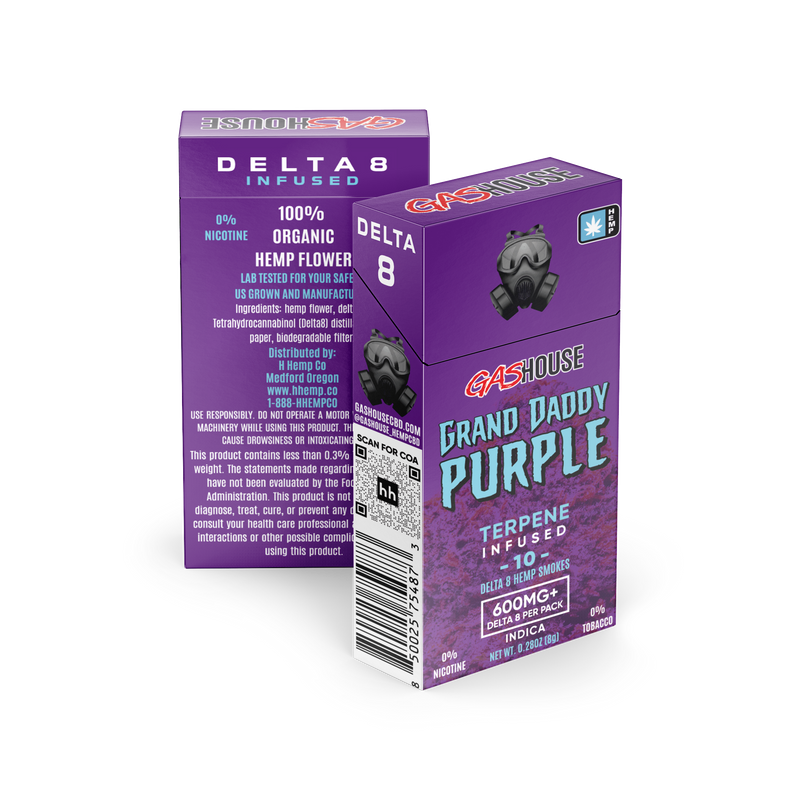 GasHouse 600mg Delta8 Terpene Infused Hemp Smokes - Grand Daddy Purple 10 pack